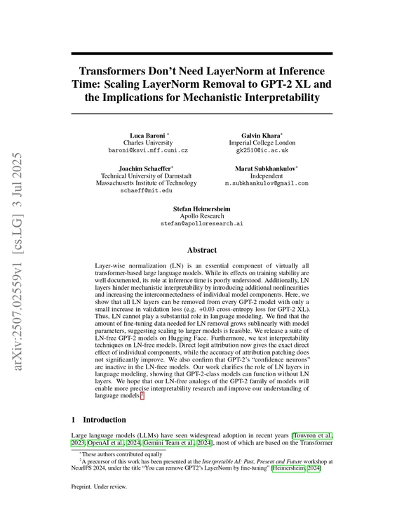 Transformers Don't Need LayerNorm at Inference Time: Scaling LayerNorm Removal to GPT-2 XL and the Implications for Mechanistic Interpretability