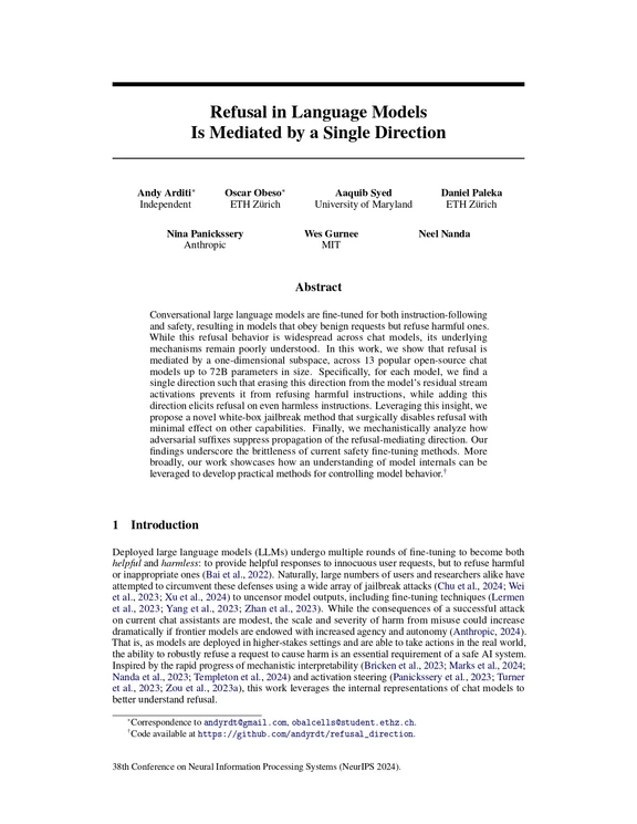 Refusal in Language Models Is Mediated by a Single Direction
